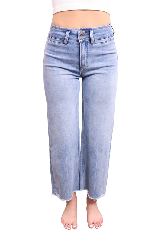 High-Rise Tummy Control Cropped Raw Hem Wide Leg Jeans