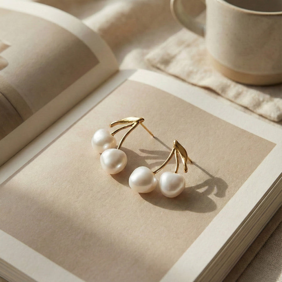 Cherry Pearl Drop Earrings in Gold