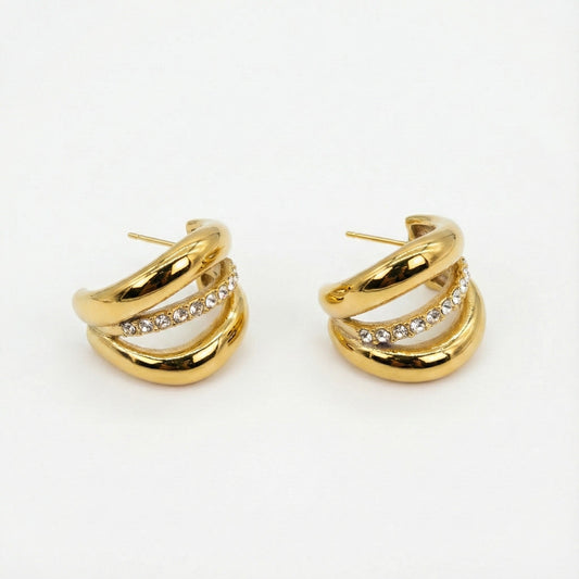 Triple Row Pavé Hoop Earrings in Gold
