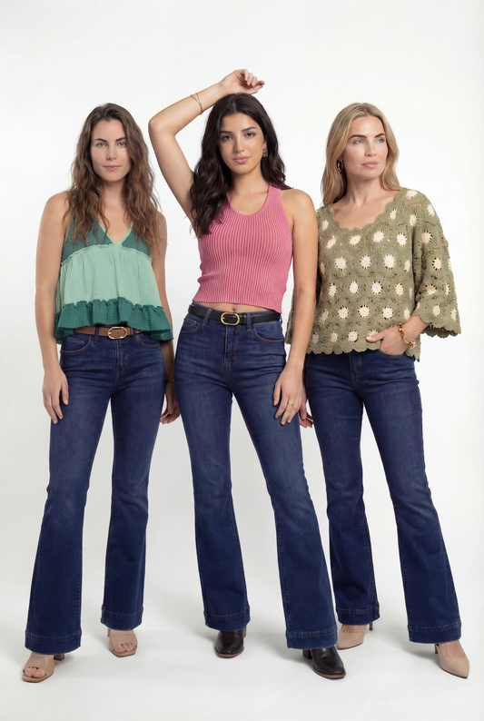 The Gwen by Lovervet Mid-Rise Tummy Control Flare Denim Three Length
