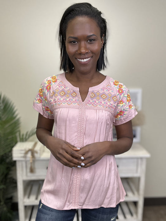 Really Rosey Women's Feminine Embroidered Short Sleeve Top