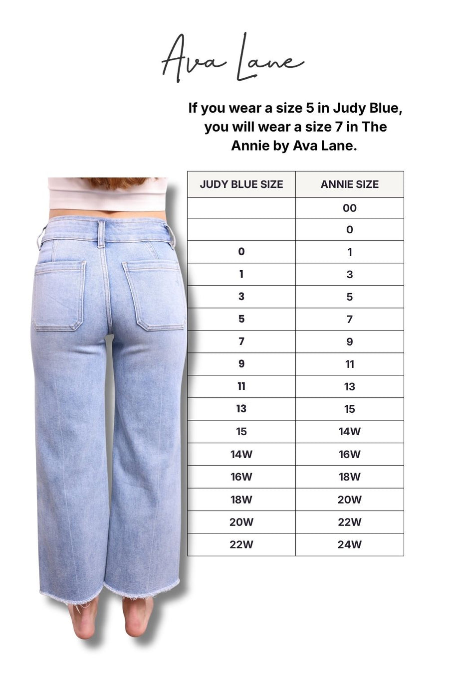 Light blue jeans with a size chart for Ava Lane brand on a white background