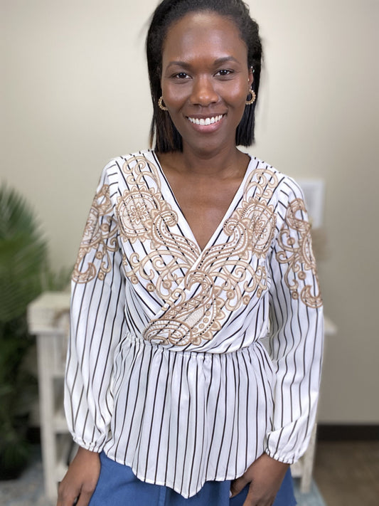 Out With Friends Women's Embroidered Striped Long Sleeve Top