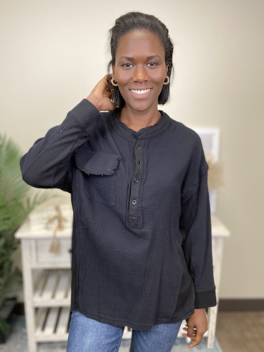 Run Away With Me Women's Woven 1/4 Button Long Sleeve Top *Final Sale*