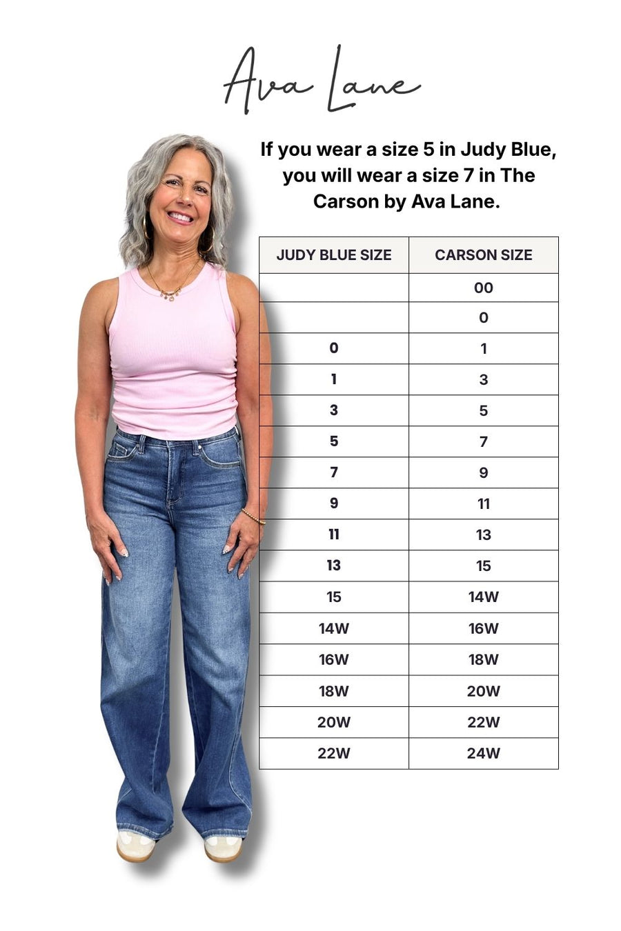 Woman wearing a pink top and blue jeans with a size chart for Ava Lane clothing brand.