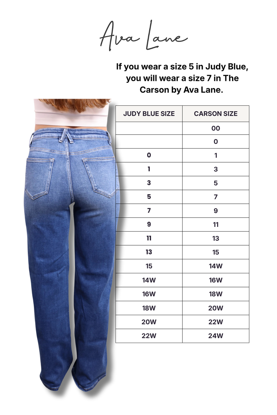 Person wearing blue jeans with a size chart for Ava Lane jeans on a white background