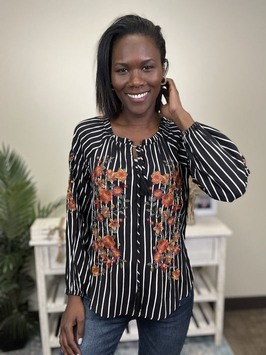 Double Up Women's Embroidered V-Neck Long Sleeve Top *Final Sale*