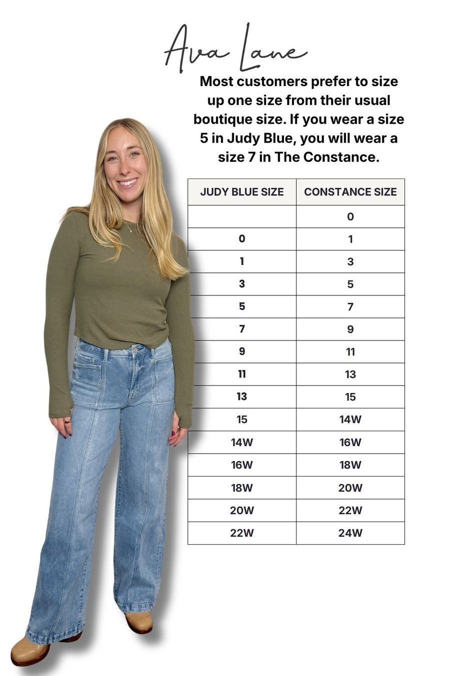 Woman wearing a green top and blue jeans next to a size chart for Judy Blue and Constance clothing lines.