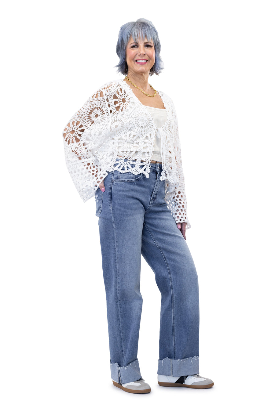 Women's Floral Crochet Front Tie Crop Cardigan