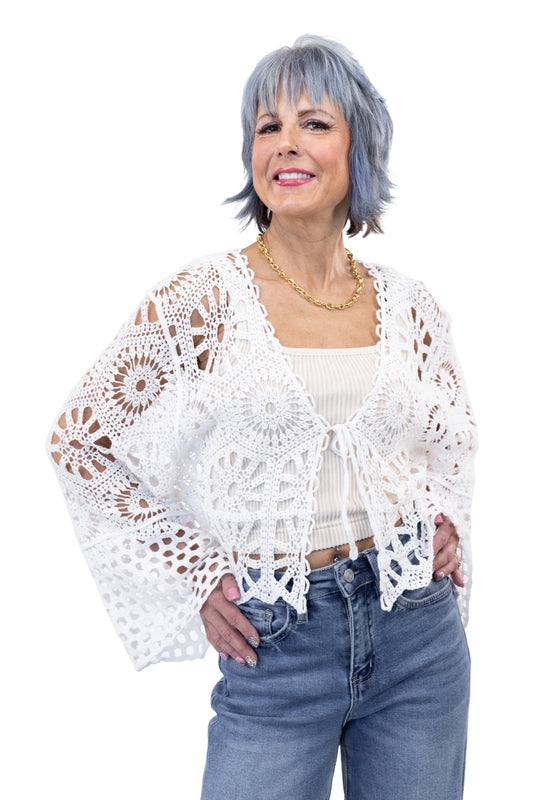 Women's Floral Crochet Front Tie Crop Cardigan