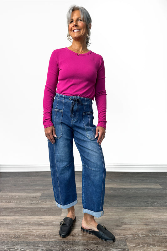 The Dixon from Risen: High-Rise Barrel-Cargo Crop Wide Leg Dark Wash Denim