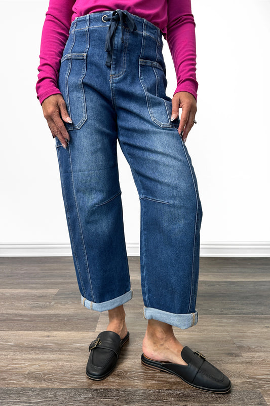 The Dixon from Risen High-Rise Barrel-Cargo Crop Wide Leg Dark Wash Denim