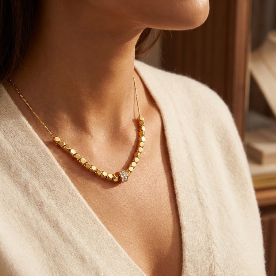 ALB Custom Gold Pebble Beaded Necklace With Pave Crystal Charm *Final Sale*