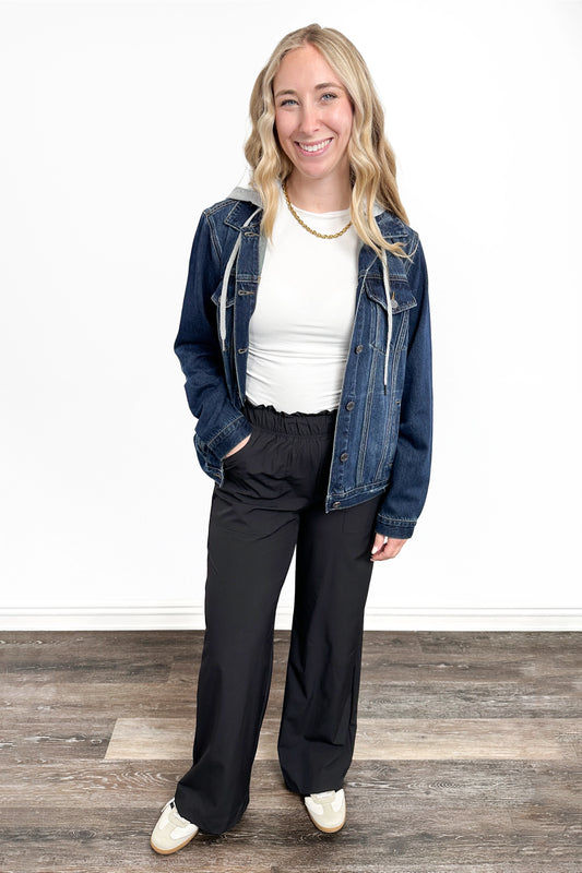 The Blaise by Ava Lane Dark Wash Removable Hood Distressed Denim Jacket