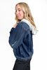 The Blaise by Ava Lane Dark Wash Removable Hood Distressed Denim Jacket