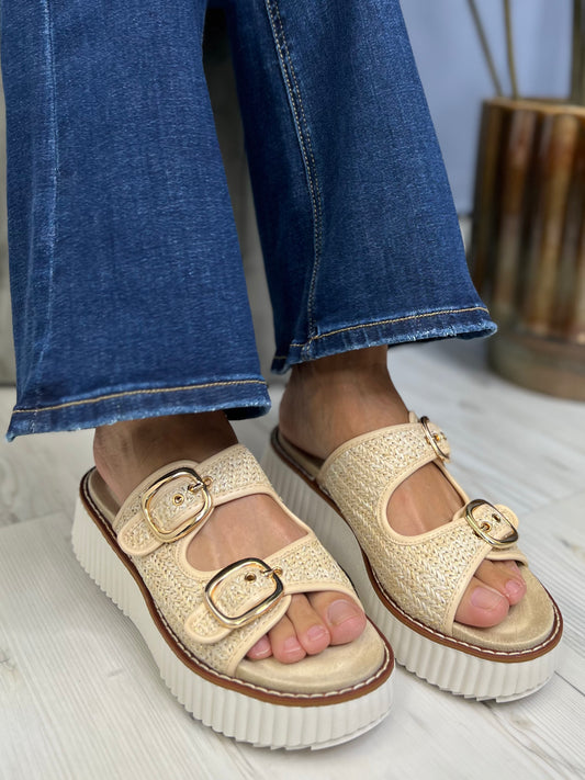 Pierre Dumas Sweet Enough Women's Double Buckle Woven Raffia Sandal