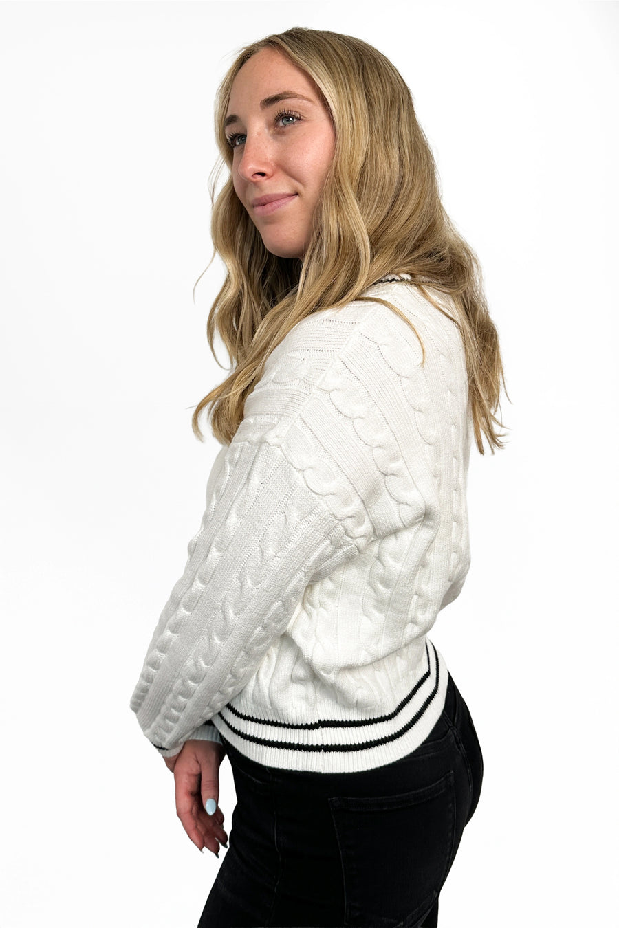 Women's Cable Knit Contrast Trim Crew Neck Sweater by Ava Lane
