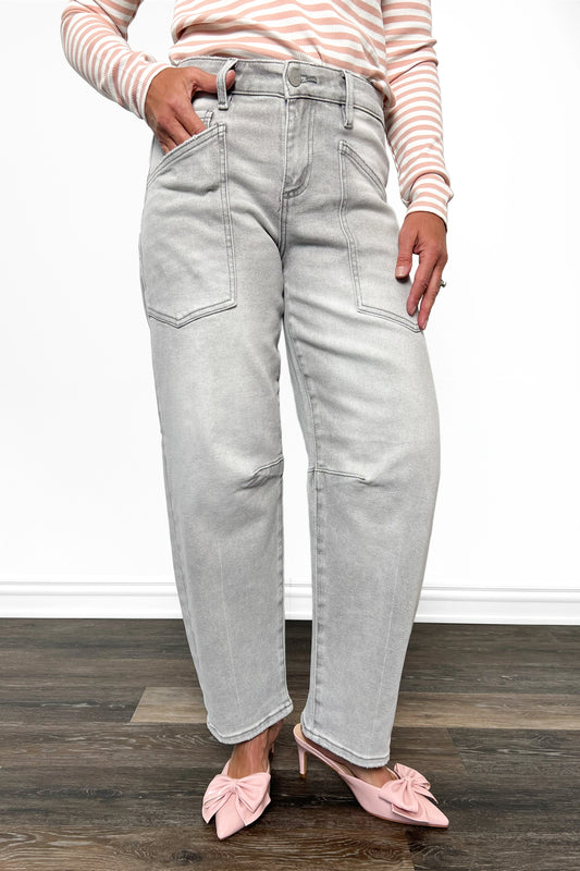 The Kingston from Risen High-Rise Patch Pocket Barrel Leg Denim