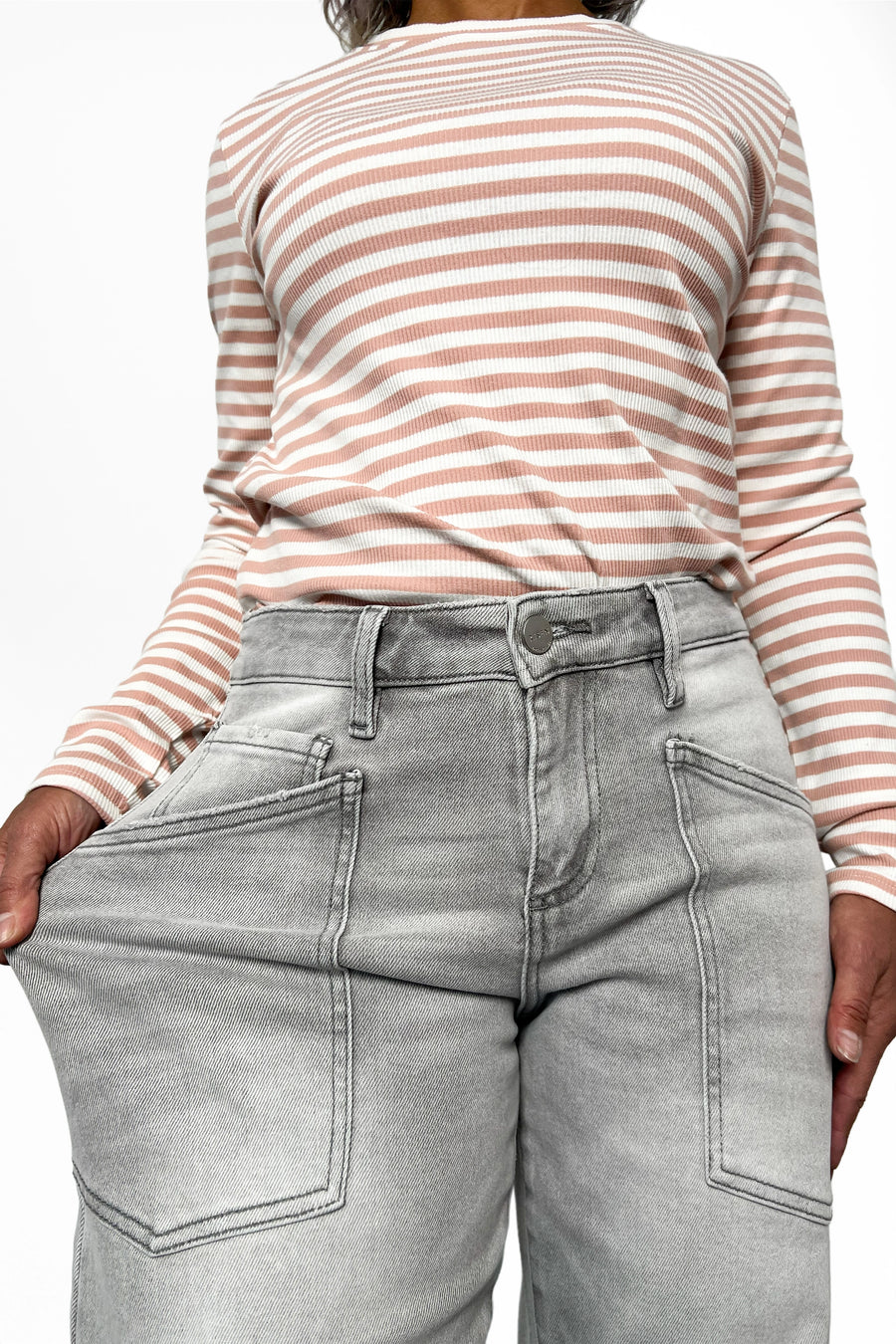 The Kingston from Risen: High-Rise Patch Pocket Barrel Leg Denim