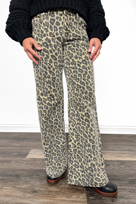The Zola from Risen Mid-Rise Wide Leg Leopard Print Denim