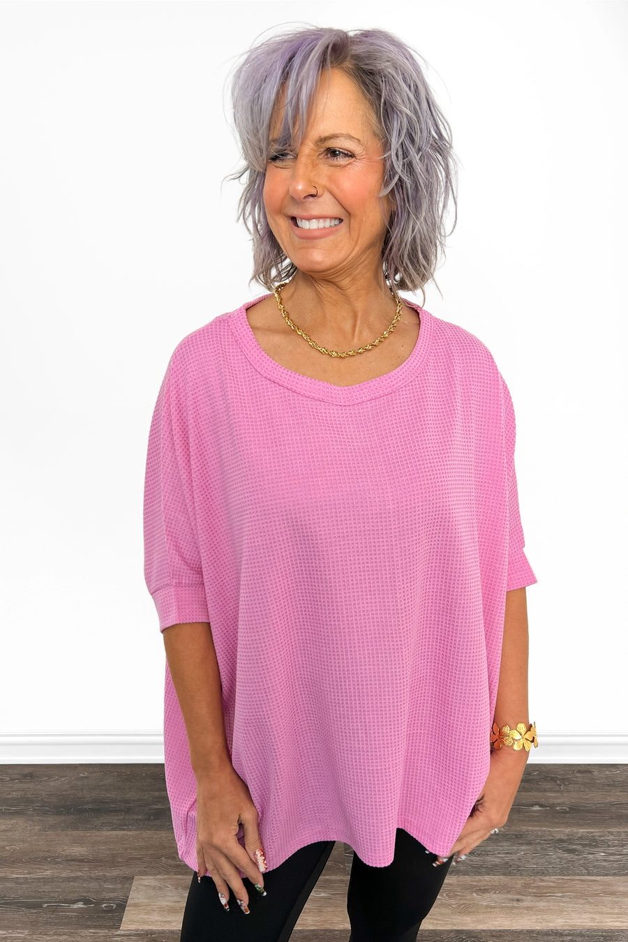 Women's Waffle Knit Batwing Short Sleeve Top