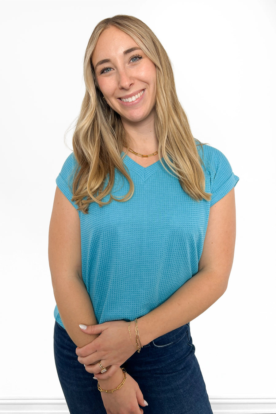 Women's Relaxed Waffle Knit V-Neck Short Sleeve Top