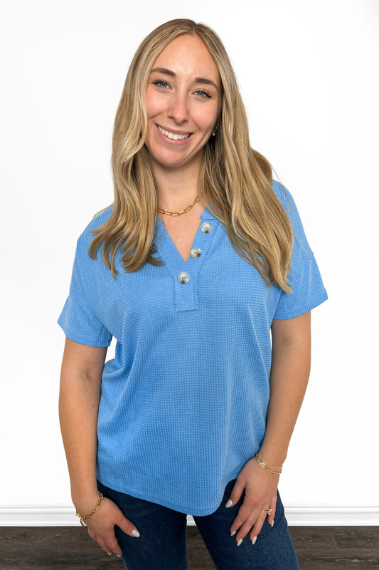 Women's Faux Button V-Neck Short Sleeve Top