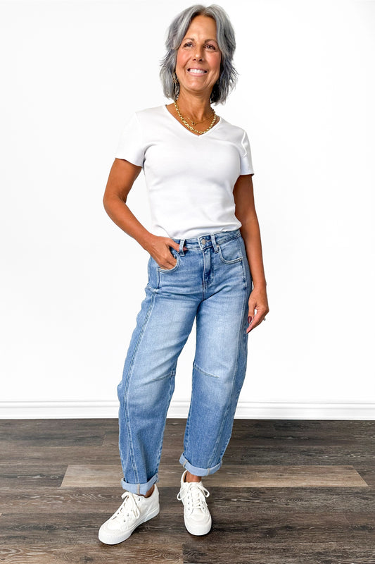 The Elise from Risen: High-Rise Crop Barrel Cuffed Denim