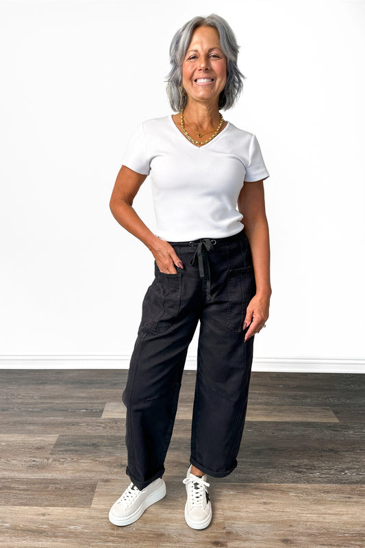 The Dixon from Risen: High-Rise Barrel-Cargo Crop Wide Leg Black Wash Denim