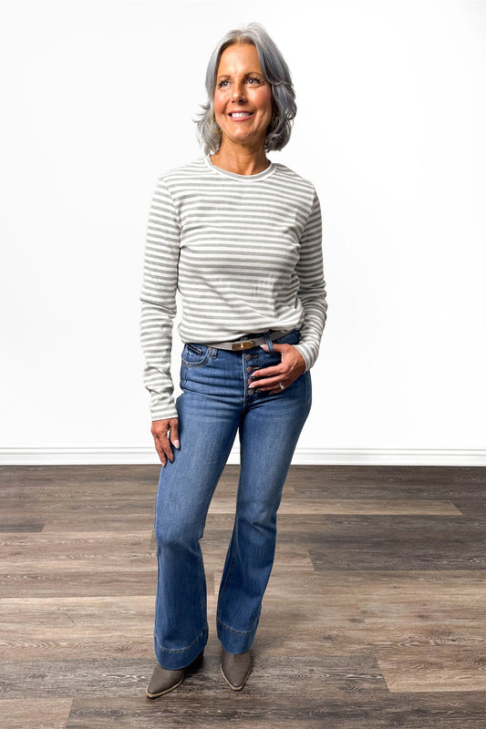 The Prue from Saige: High-Rise Tummy Control Button Fly Flare Denim