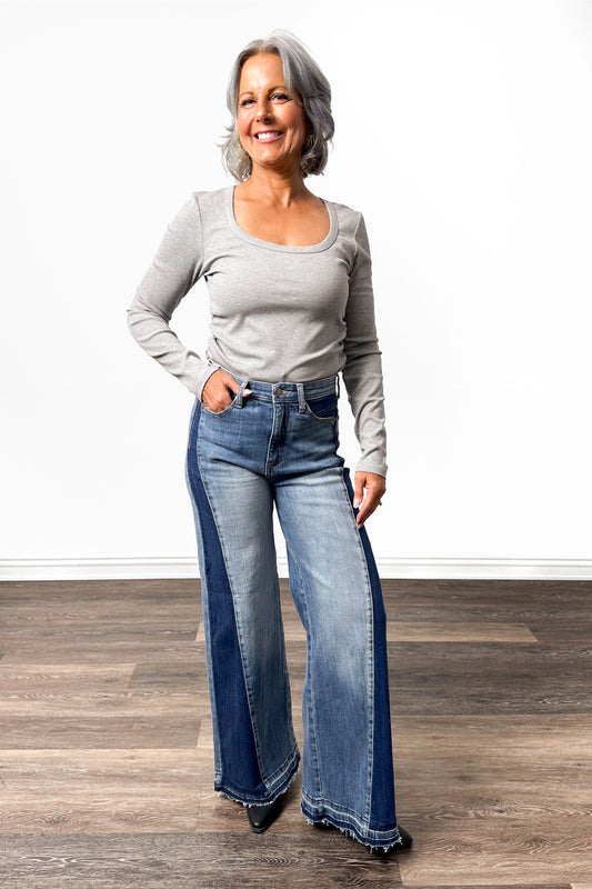 The Linda from Saige: High-Rise Tummy Control Flared Wide Leg with Released Hem Denim