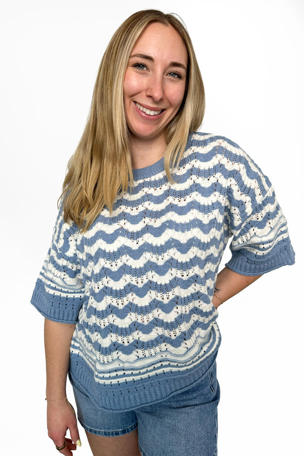 ALB Custom Women's Open Knit Striped Short Sleeve Top