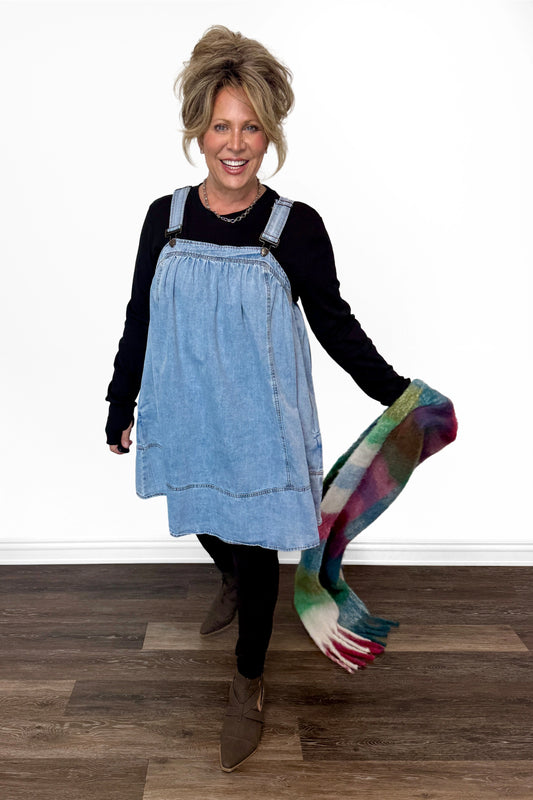 Women's Pleated Denim Overall Dress