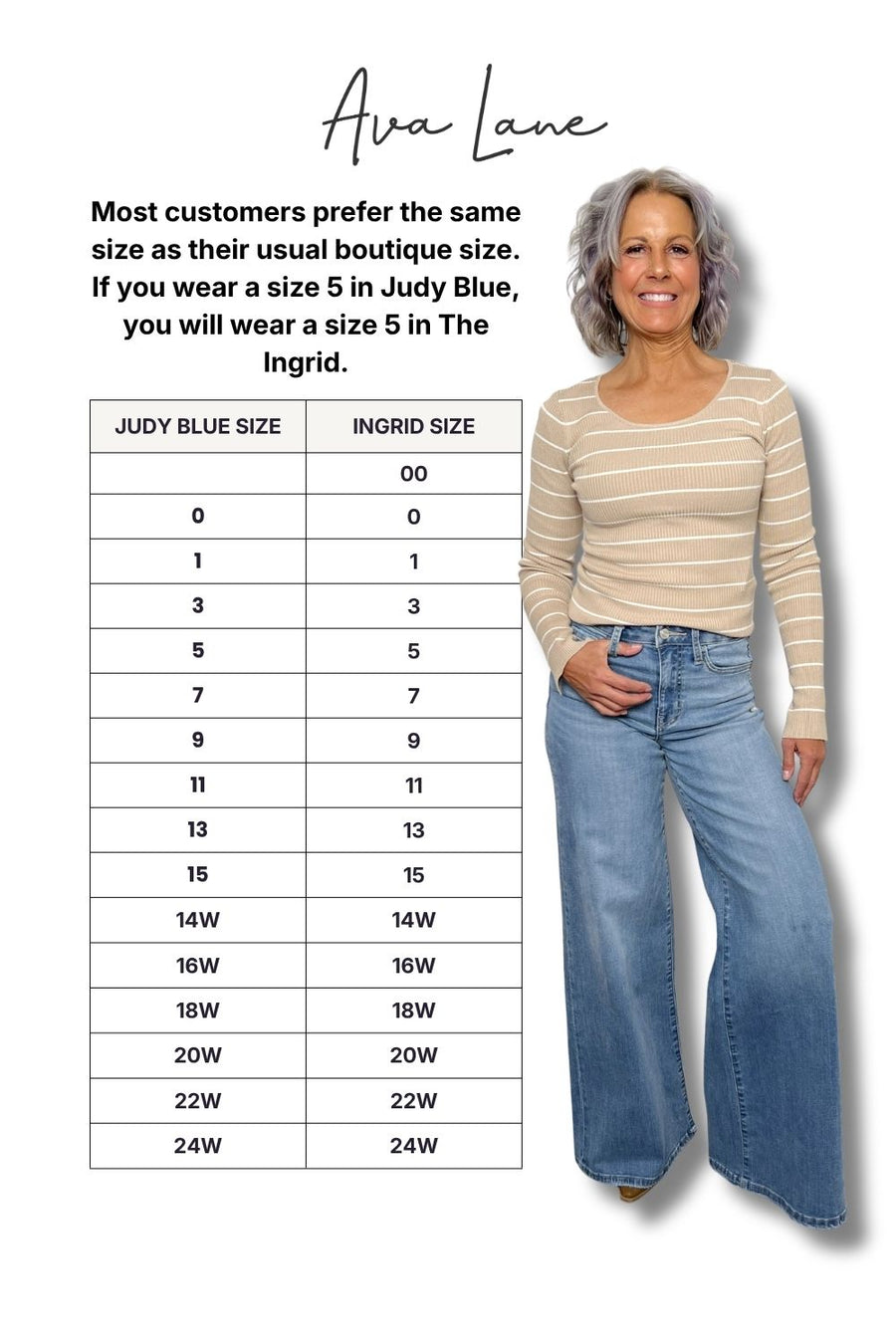 Woman wearing a striped sweater and jeans with a size chart on a white background