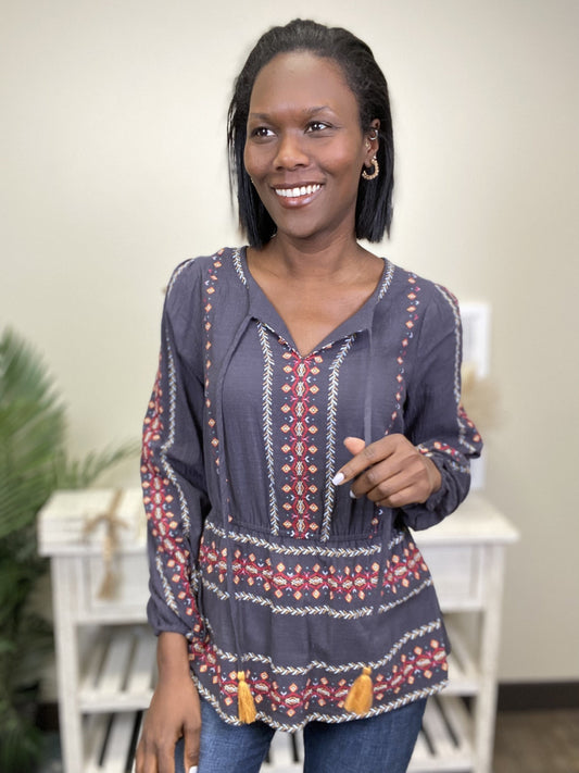 See Ya Around Women's Embroidered Tassel Long Sleeve Top *Final Sale*