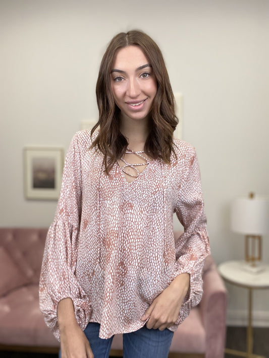 Keep Pushing Women's Self-Tie V-Neck Long Puff Sleeve Top *Final Sale*