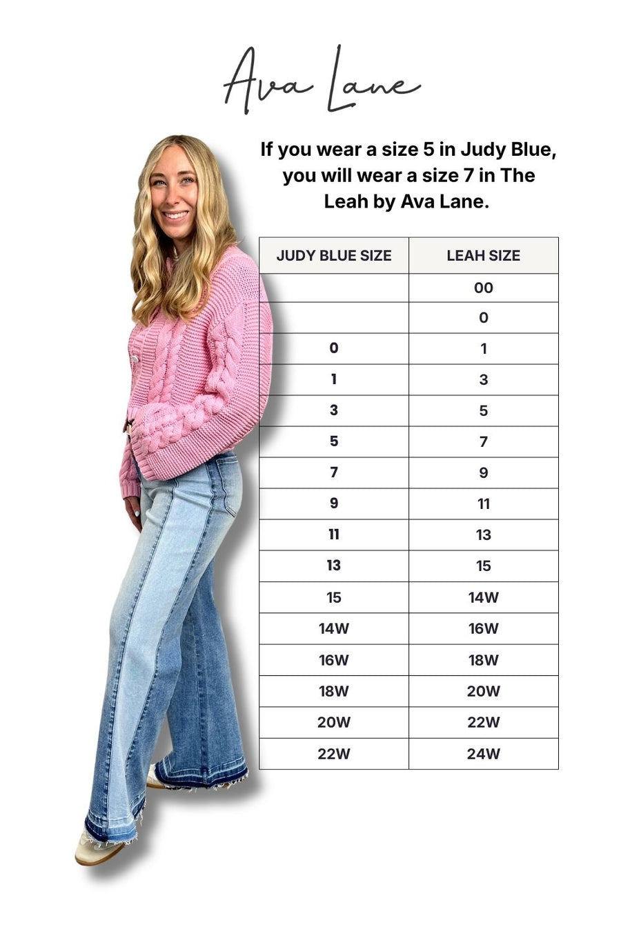 Woman wearing a pink sweater and blue jeans next to a size chart for Ava Lane clothing.