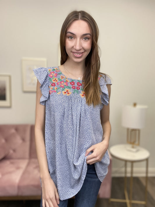 Feeling The Love Women's Embroidered Ruffle Cap Short Sleeve Top *Final Sale*