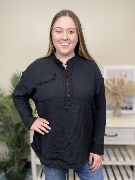 Run Away With Me Women's Woven 1/4 Button Long Sleeve Top *Final Sale*