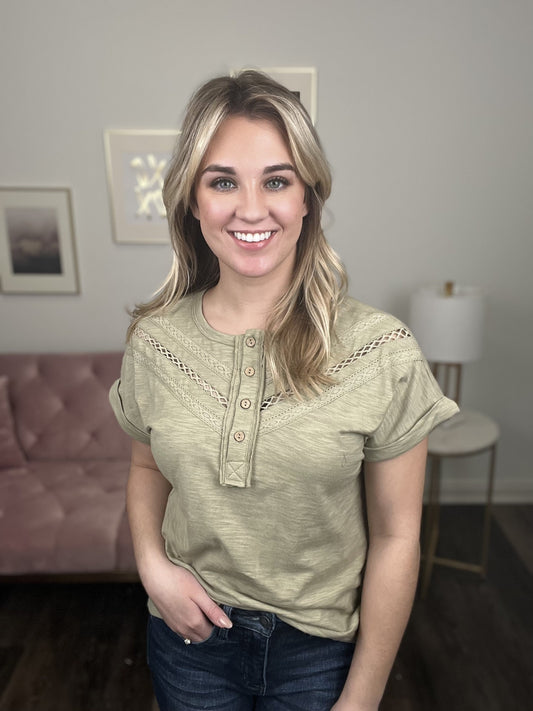 Landslide Lace Women's Button Down Cuff Short Sleeve Top *Final Sale*