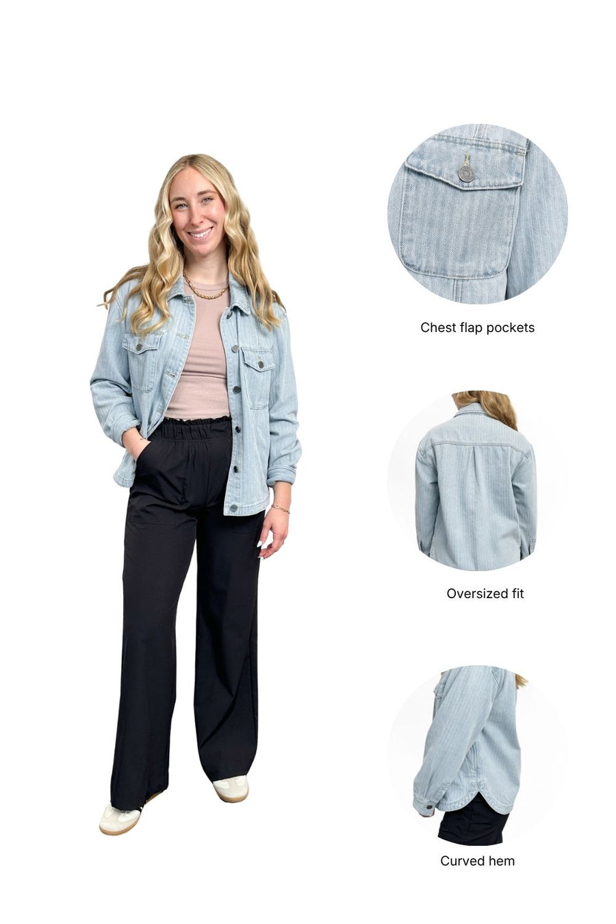 Woman wearing a light blue denim jacket with text highlighting features like chest flap pockets, oversized fit, and curved hem.