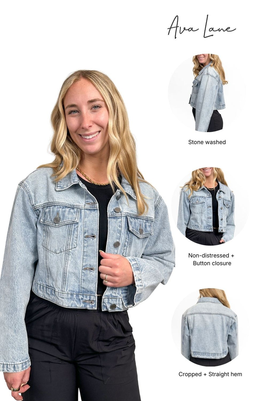 Woman wearing a stone-washed denim jacket with product details on a white background