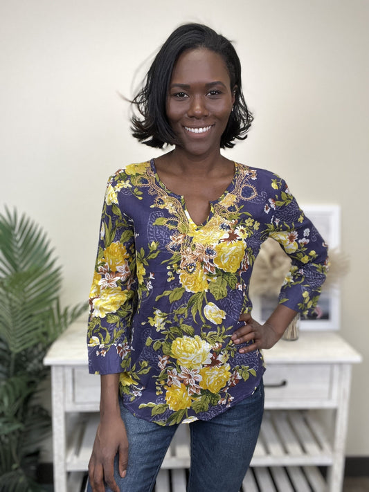 Extra Mile Women's Embroidered V-Neck Long Sleeve Top *Final Sale*