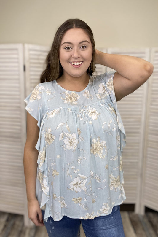 Floral Dream Women's Hi-Lo Ruffle Cap Short Sleeve Top *Final Sale*