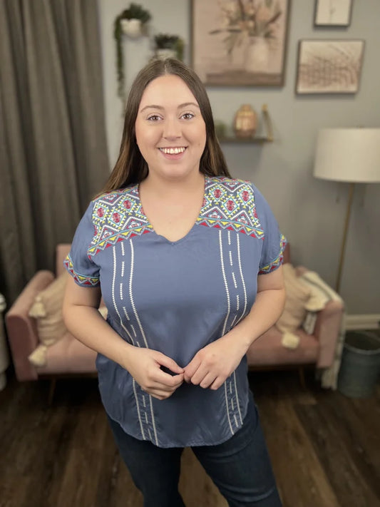 Along Came Callie Women's Embroidered V-Neckline Short Sleeve Top *Final Sale*