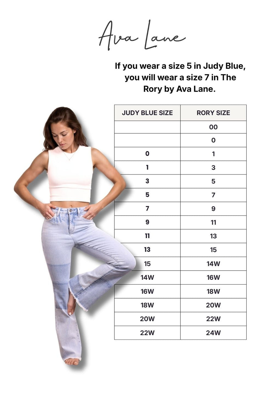 Size chart for Ava Lane jeans with a model wearing light blue jeans.