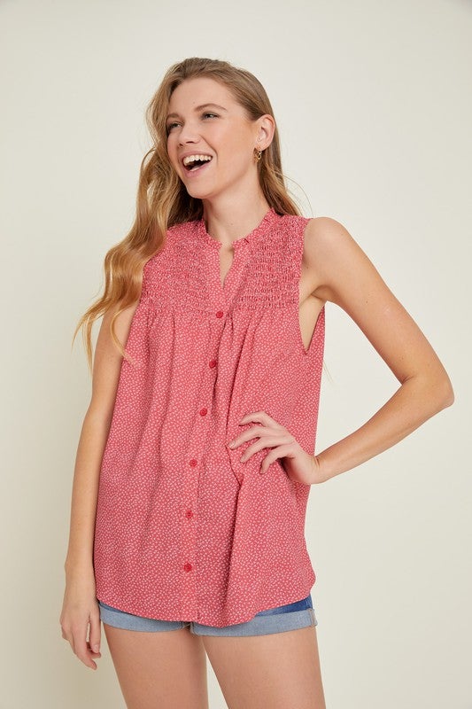 Ruffled Around The Neck Women's Button Front Tank Top *Final Sale*
