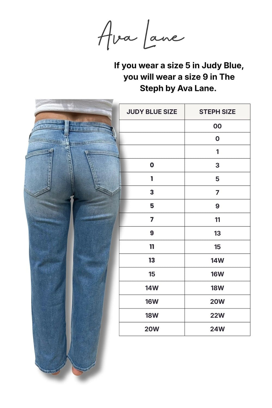 Pair of blue jeans with a size chart on a white background, featuring Ava Lane branding.