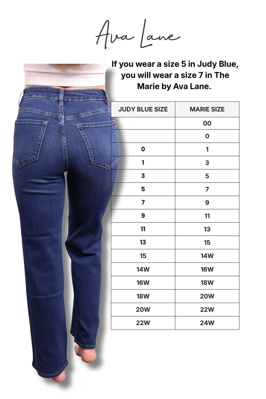 Blue jeans worn by a person with a size chart for Ava Lane jeans on a white background