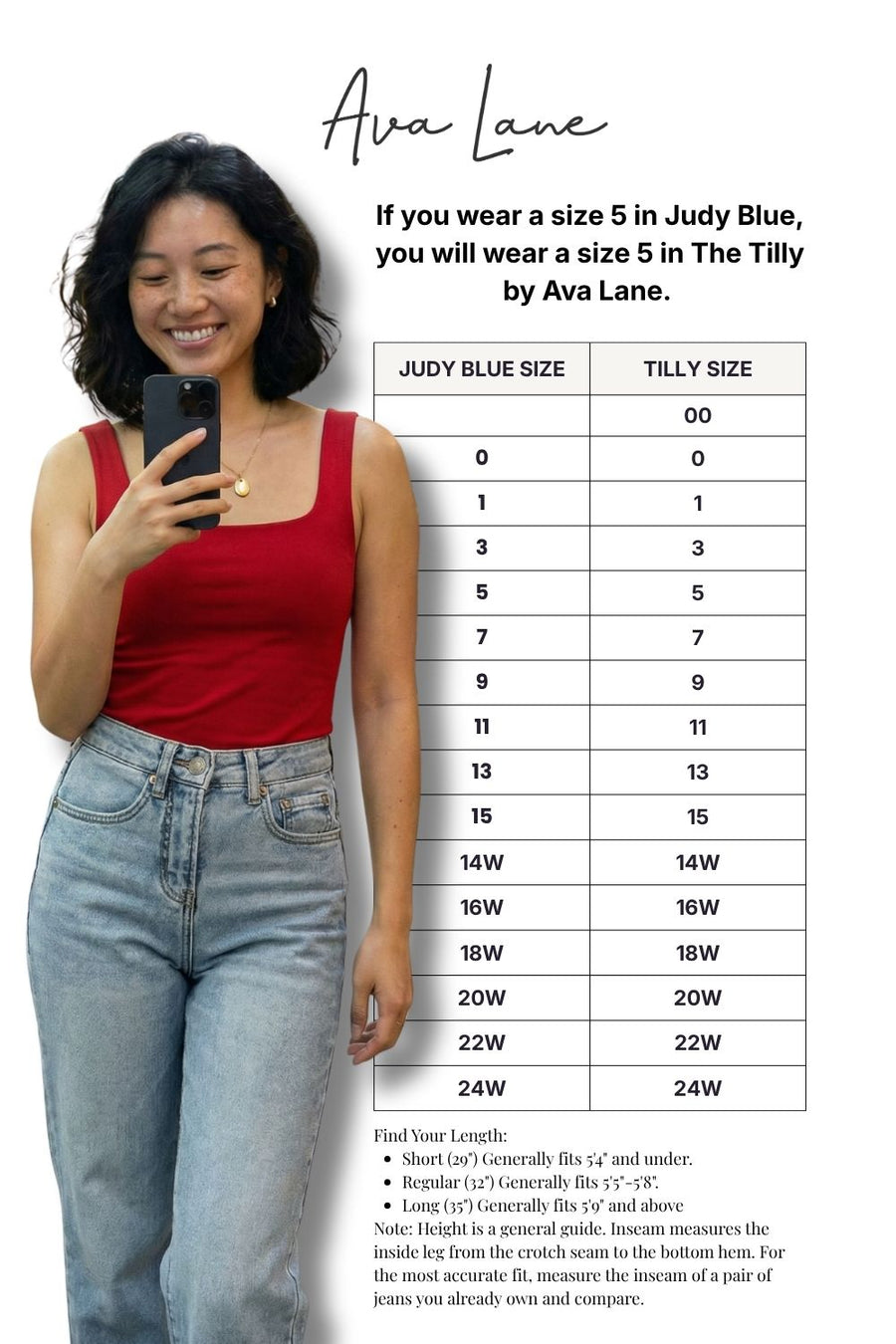Woman in red tank top and blue jeans taking a selfie with a size chart for Ava Lane clothing brand.